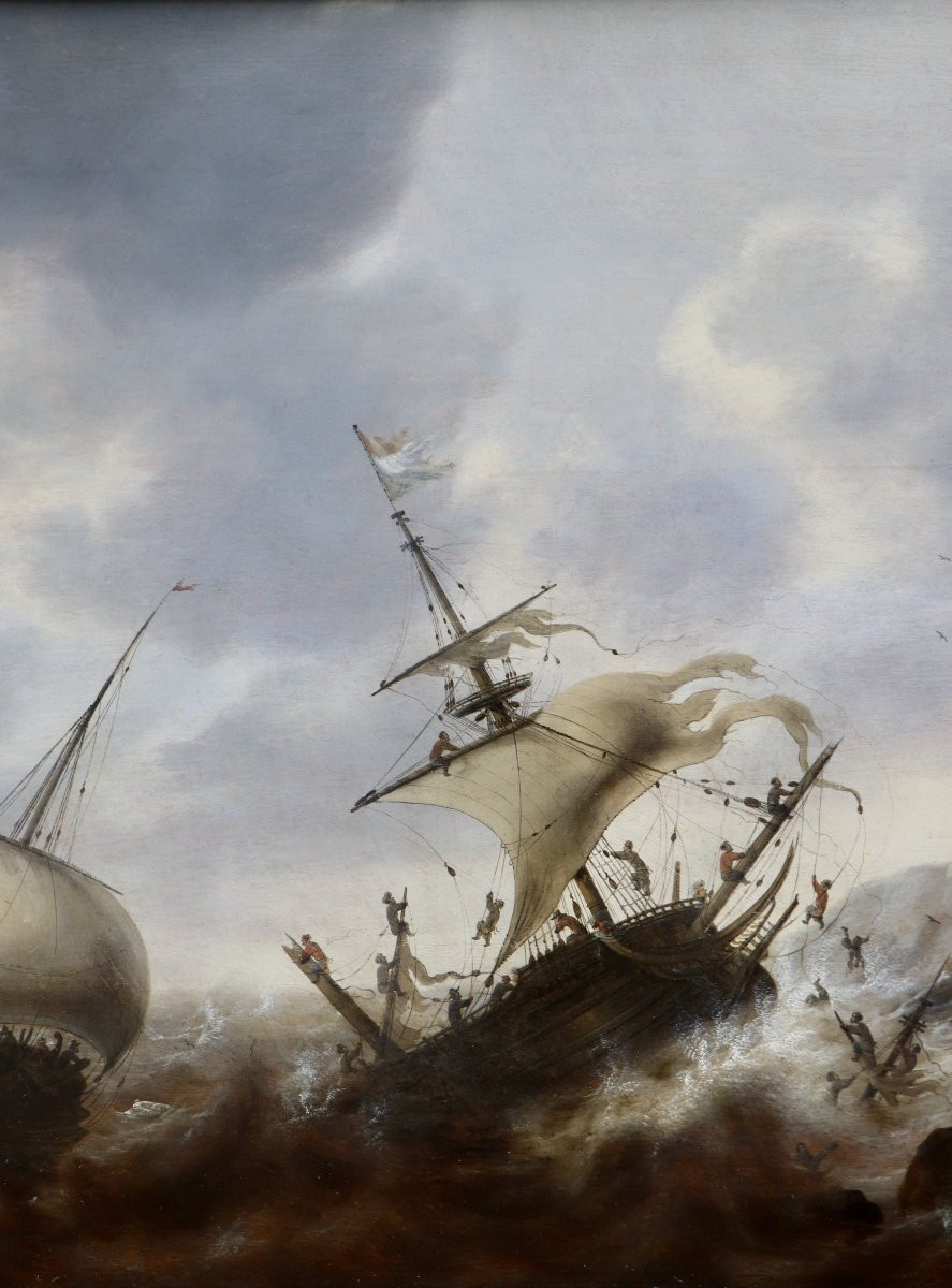 Jacob Bellevois (1620/21 - 1676), Three Ships Caught In A Violent Storm -photo-3