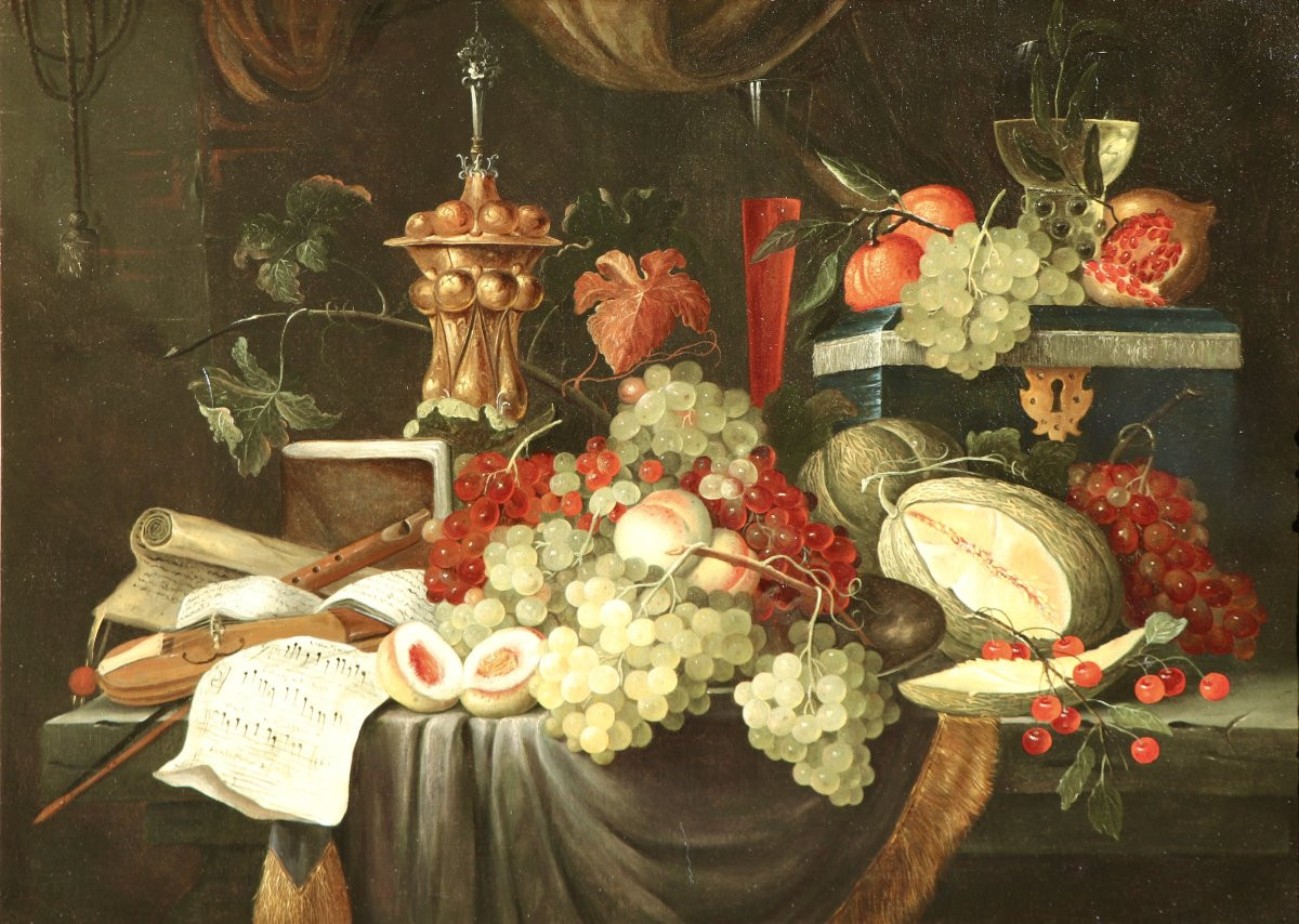 Attribué à W. Mertens (actif à Anvers 1650/1675), Nature morte opulente -photo-1