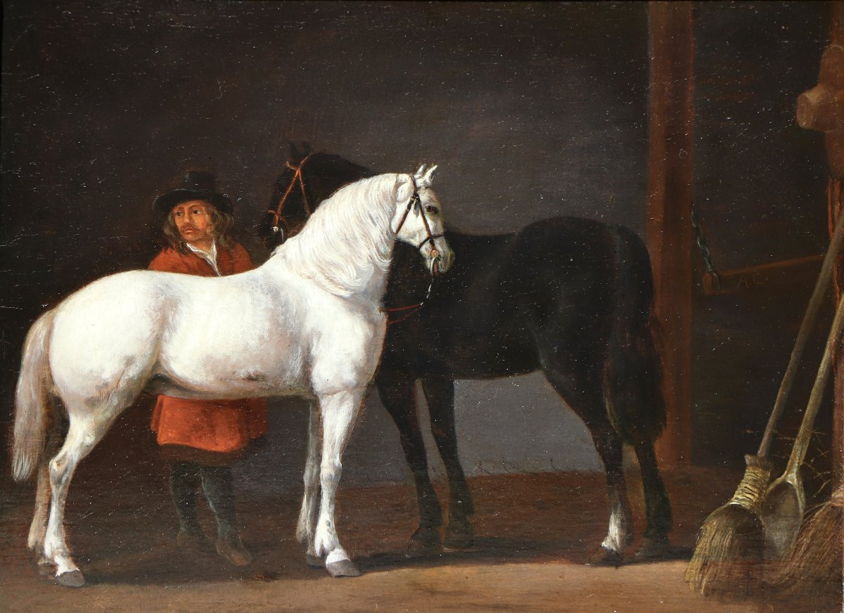 Abraham Van Calraet (1642 - 1722), Two Horses And A Groom In A Stable-photo-1
