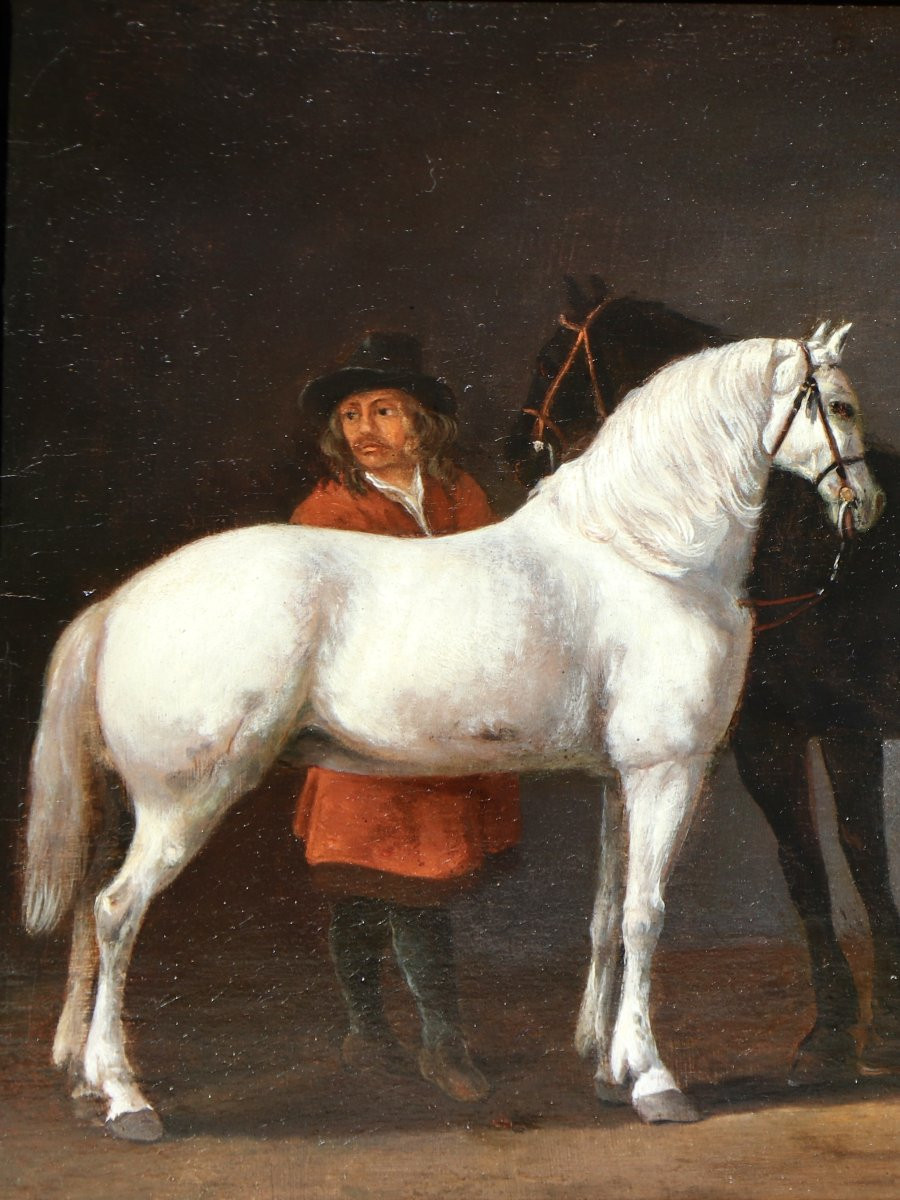 Abraham Van Calraet (1642 - 1722), Two Horses And A Groom In A Stable-photo-2