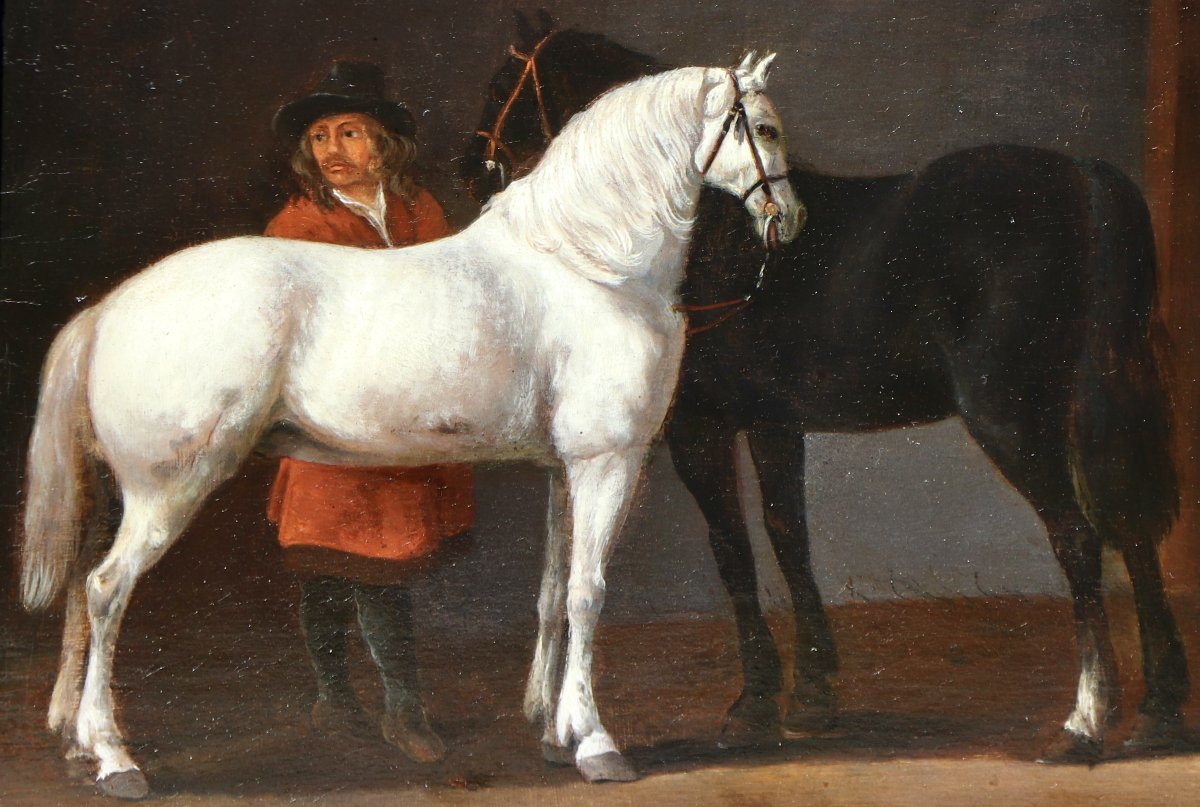 Abraham Van Calraet (1642 - 1722), Two Horses And A Groom In A Stable-photo-5