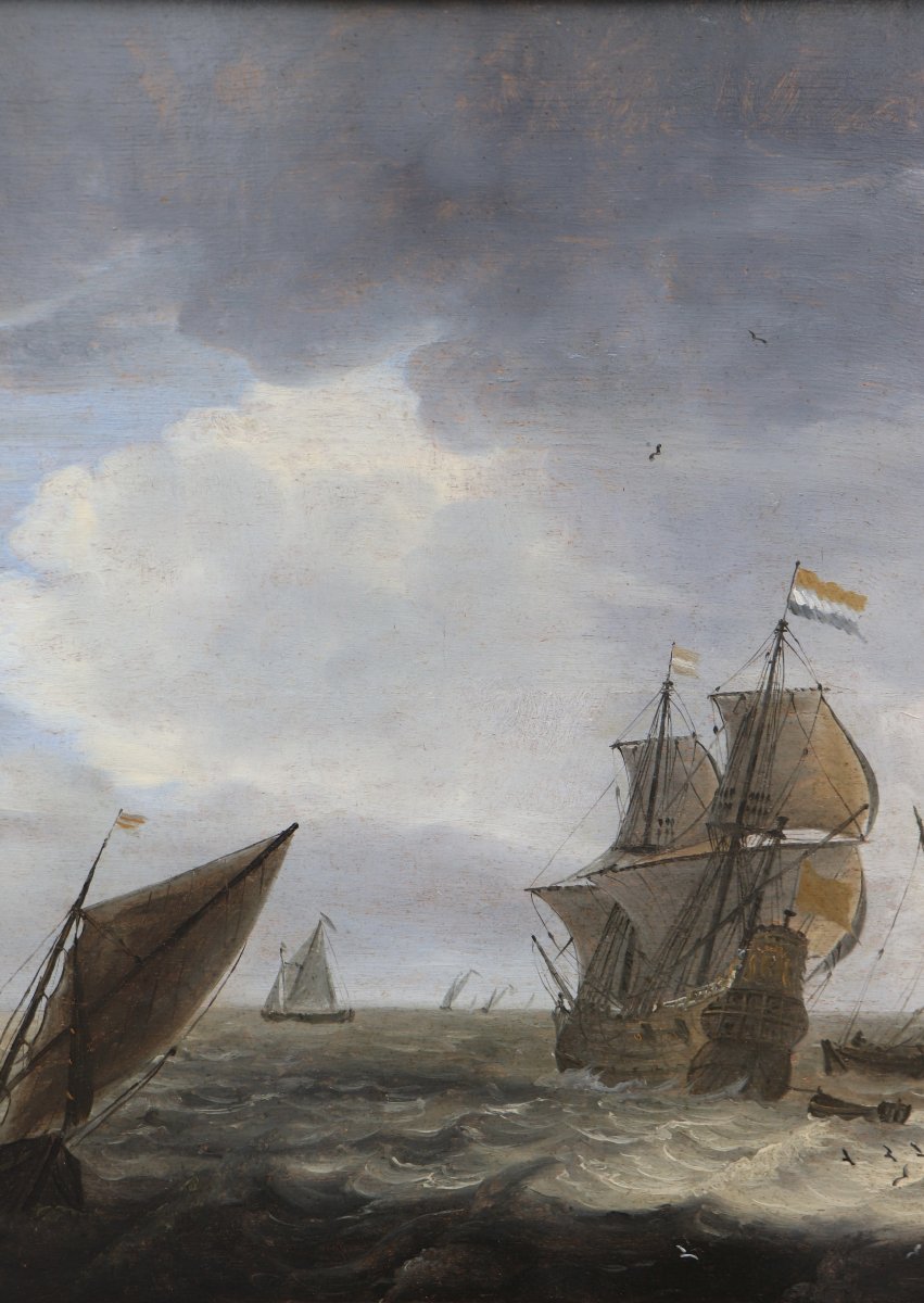 Attribué à Hieronymus II van Diest (1631 - vers 1677), Navires néerlandais en eaux agitées-photo-4