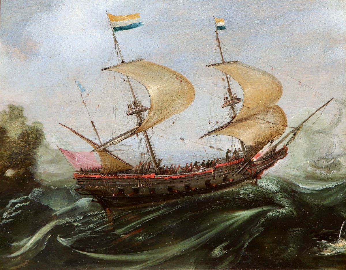 Andries van Eertvelt (1590 - 1652), Un navire hollandais en eaux agitées-photo-2
