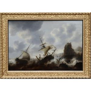 Jacob Bellevois (1620/21 - 1676), Three Ships Caught In A Violent Storm 
