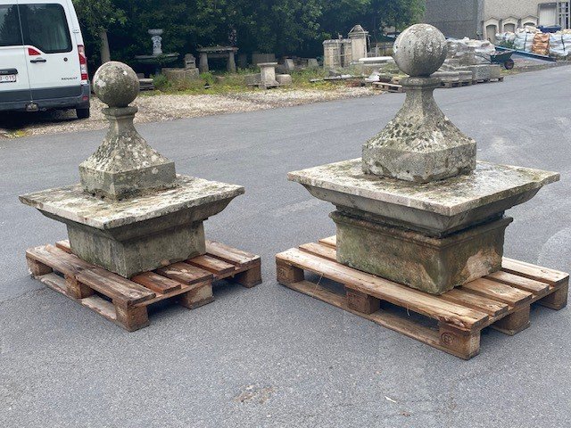 Jeu de 2 Boules de Piliers en Pierre Blanche-photo-2