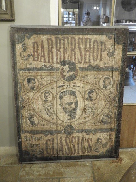 Very Decorative Old Pinewood Pannel 'barber Shop' -photo-3