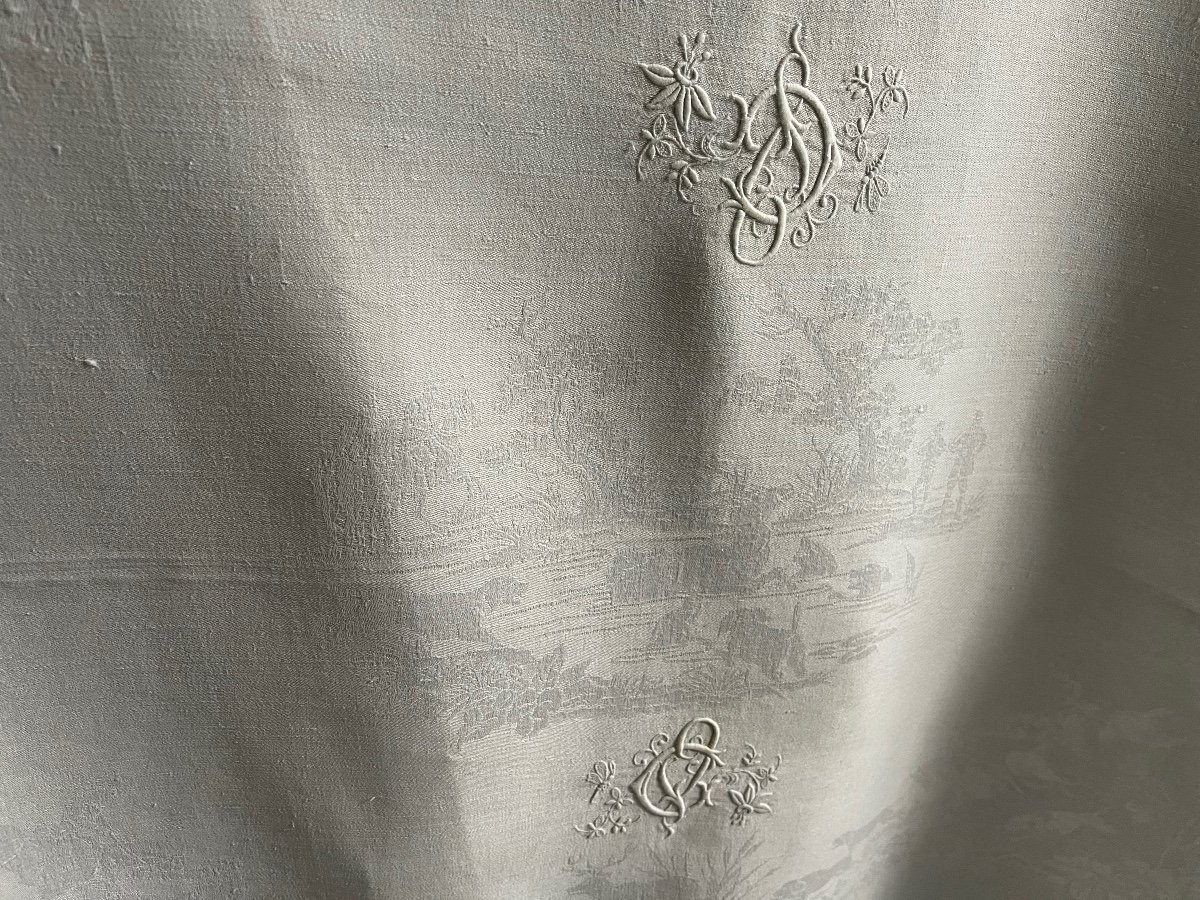 Old Damask Linen Tablecloth Hunting Scenes, Old XIXth Linen-photo-2