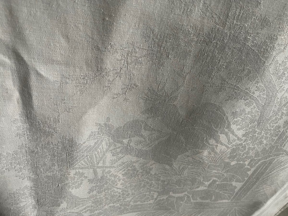 Old Damask Linen Tablecloth Hunting Scenes, Old XIXth Linen-photo-1