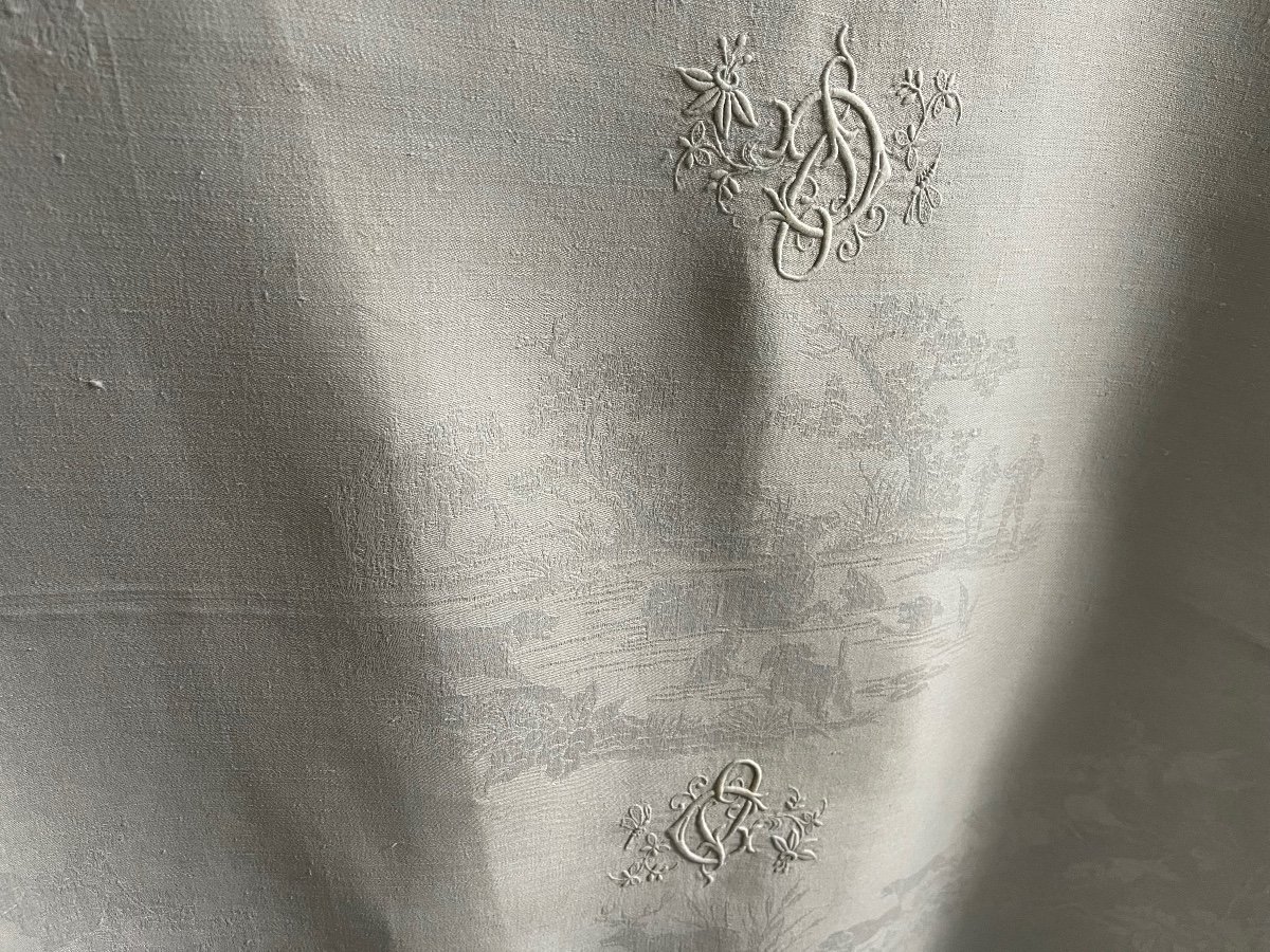 Old Damask Linen Tablecloth Hunting Scenes, Old XIXth Linen-photo-4