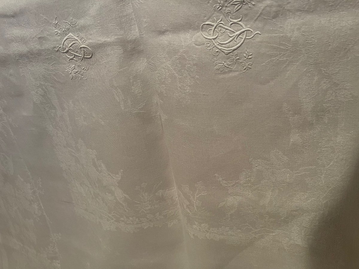 Old Damask Linen Tablecloth Hunting Scenes, Old XIXth Linen