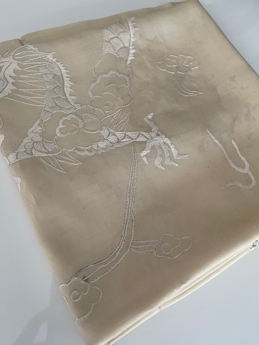 Nappe Surnappe Ancienne En Soie, Broderie Main,dragon,symbole Asie, Brodé Fil De Soie, Art Asie-photo-7