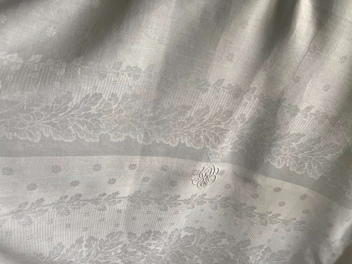 Nappe Ancienne Réception, 2 Monogrammes Couronne Ducale Pair de France , Damassée, 400x 202cm, XIXème -photo-2