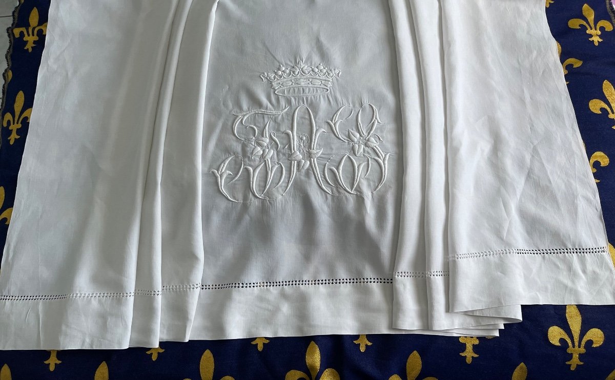 Drap Ancien, Fil De Lin, Immense Monogramme  Couronne De Marquis, pièce château, linge ancien  340x310 -photo-2