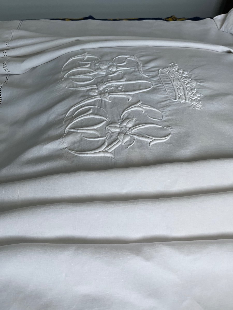 Drap Ancien, Fil De Lin, Immense Monogramme  Couronne De Marquis, pièce château, linge ancien  340x310 -photo-2