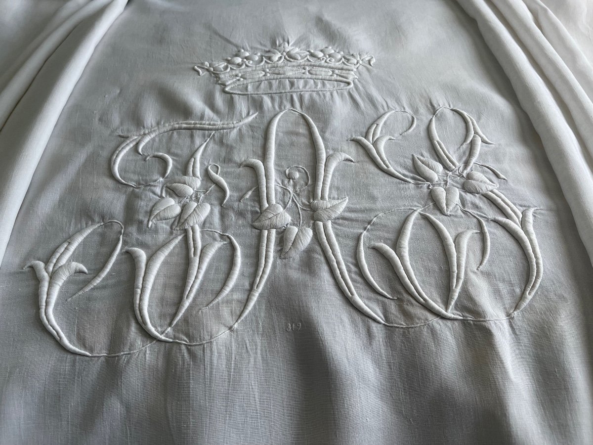Drap Ancien, Fil De Lin, Immense Monogramme  Couronne De Marquis, pièce château, linge ancien  340x310 -photo-8