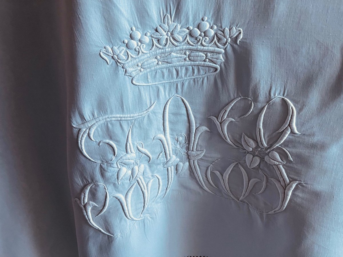 Drap Ancien, Fil De Lin, Immense Monogramme  Couronne De Marquis, pièce château, linge ancien  340x310 