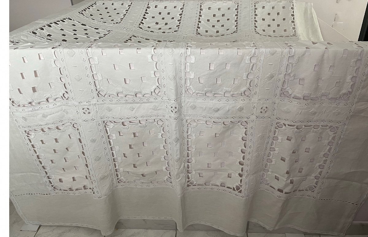 Exceptional Old Linen Tablecloth XXth Double Crown Of Count, Domain Linen, Old Fabric-photo-2