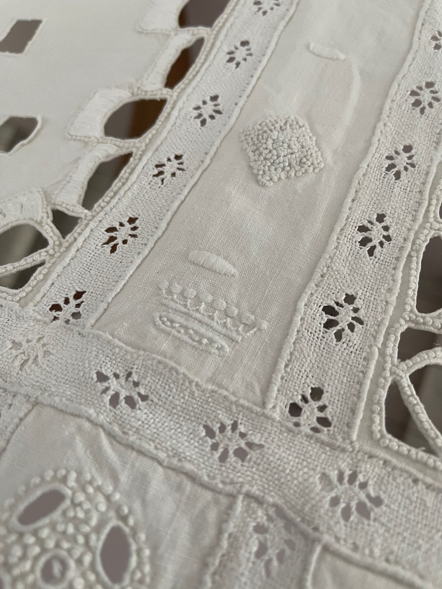 Exceptional Old Linen Tablecloth XXth Double Crown Of Count, Domain Linen, Old Fabric-photo-3