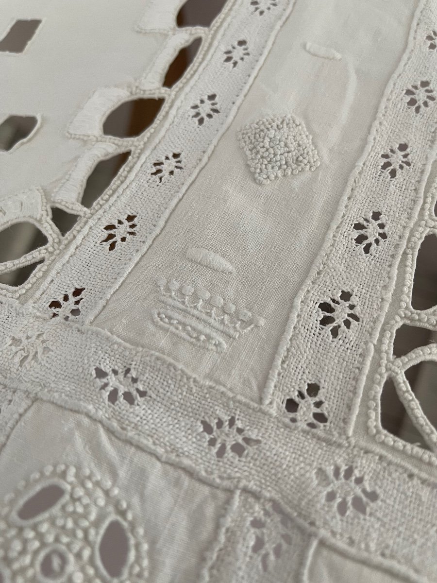 Nappe Ancienne D’exception En  Lin XXème  Double Couronne De Comte, Linge Domaine, Tissu Ancien-photo-3