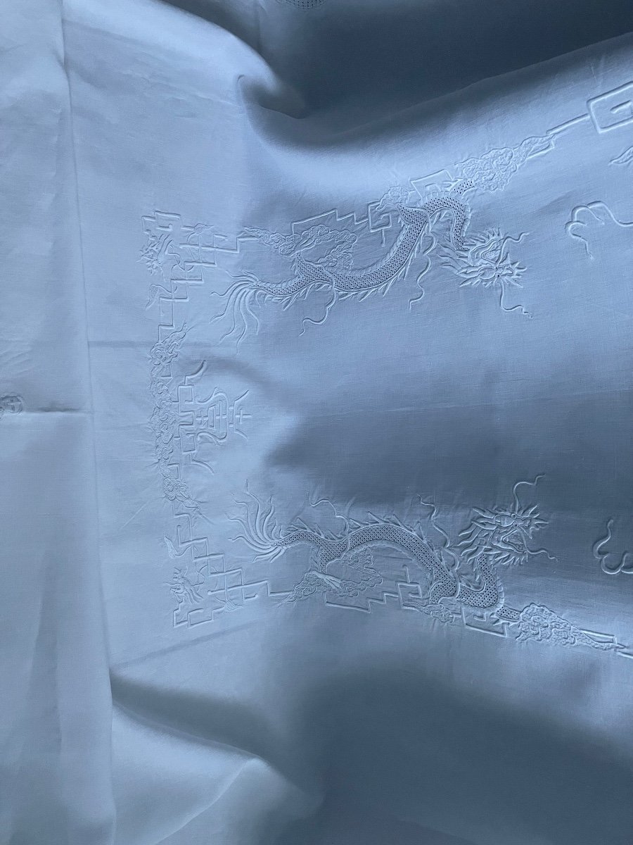 Service Ancien Nappe 12 Serviettes Indochine Broderie Main Dragons Personnages Symboles Asie-photo-6