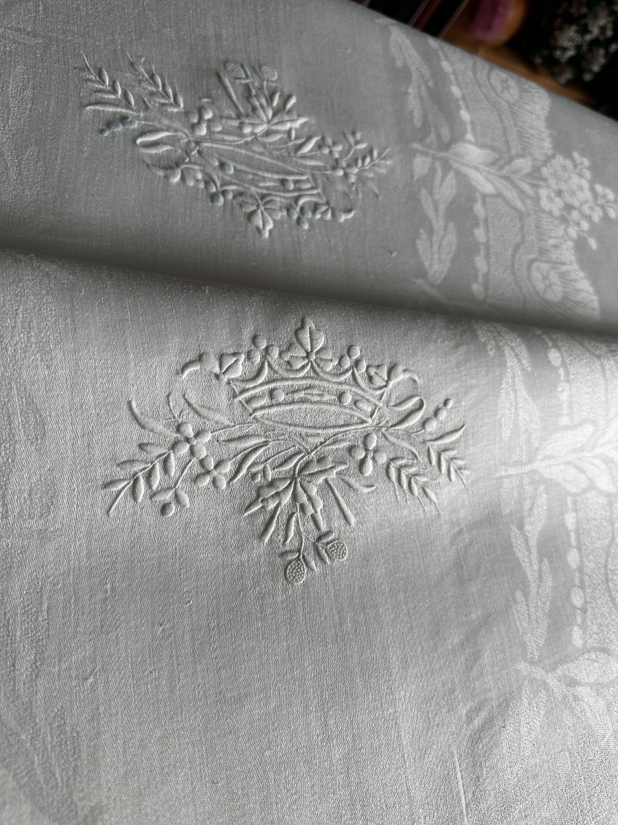 Immense Nappe Réception Ancienne Fil Lin Soie Double Couronne De Marquis , Linge Ancien 420x200
