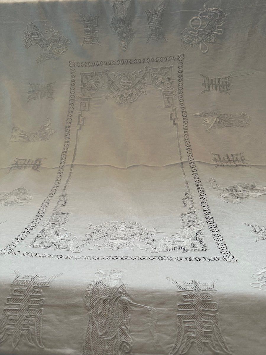 Tablecloth And 12 Napkins Table Service, Linen, Wedding, Character Embroidery, Old Asia Linen-photo-1