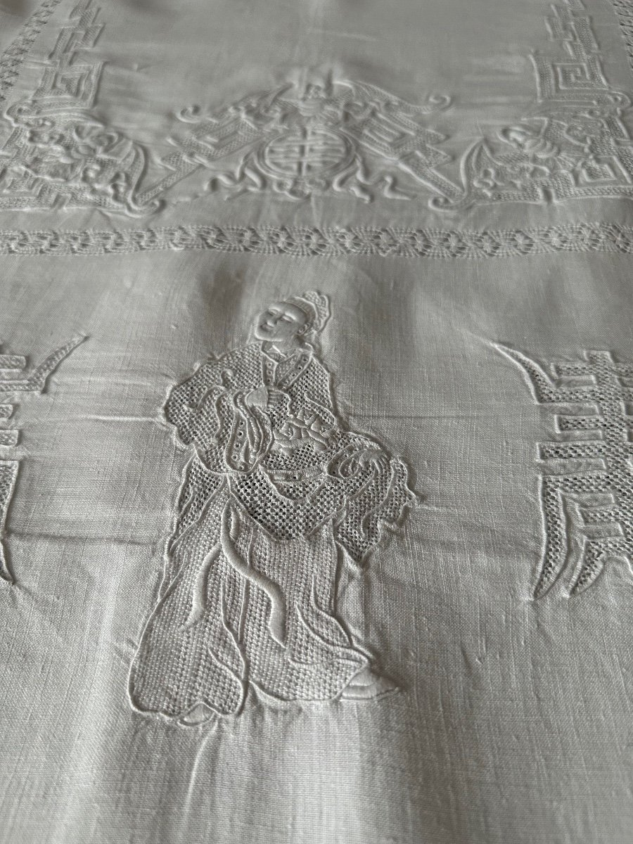 Tablecloth And 12 Napkins Table Service, Linen, Wedding, Character Embroidery, Old Asia Linen-photo-2