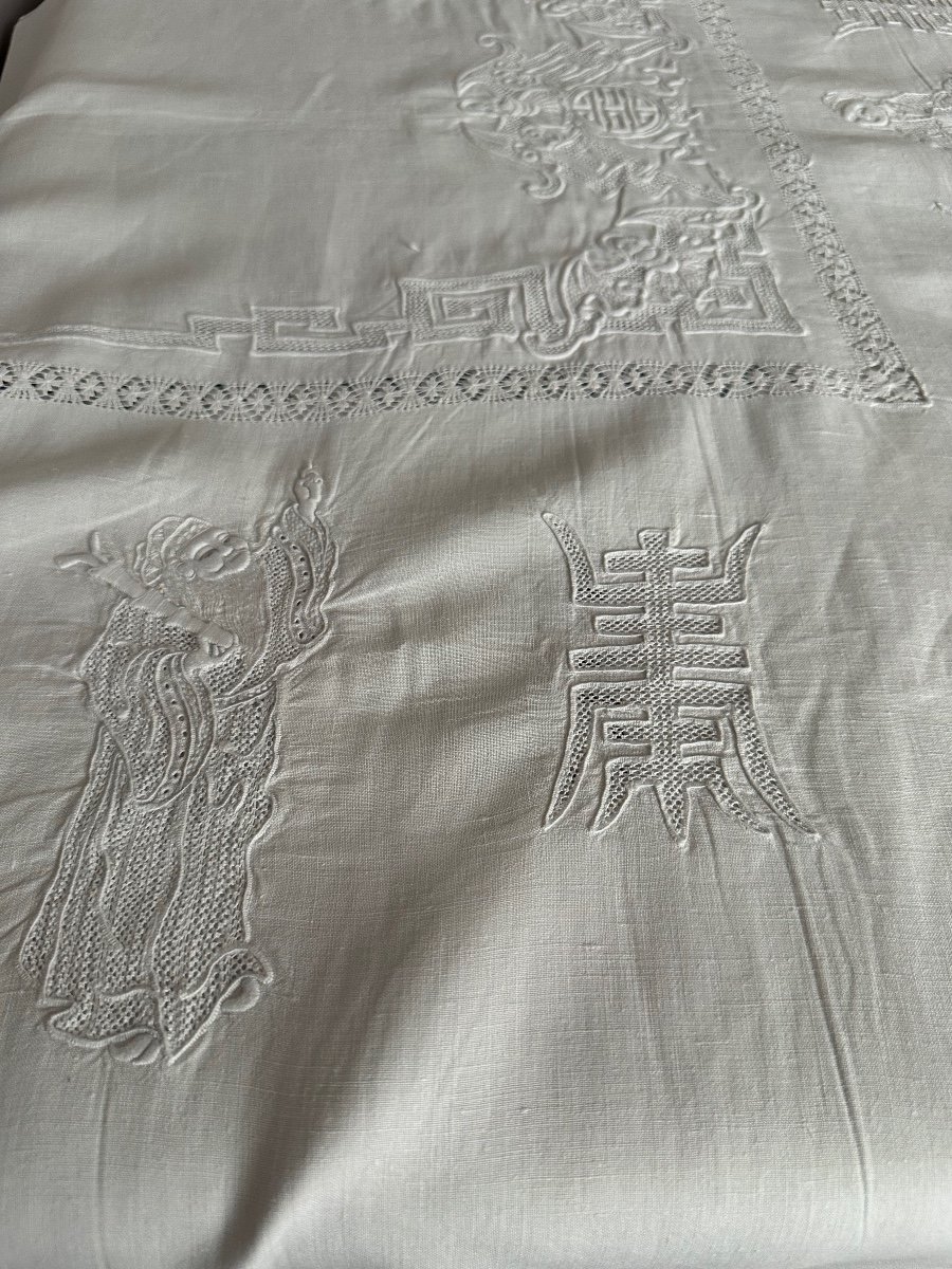 Tablecloth And 12 Napkins Table Service, Linen, Wedding, Character Embroidery, Old Asia Linen-photo-3