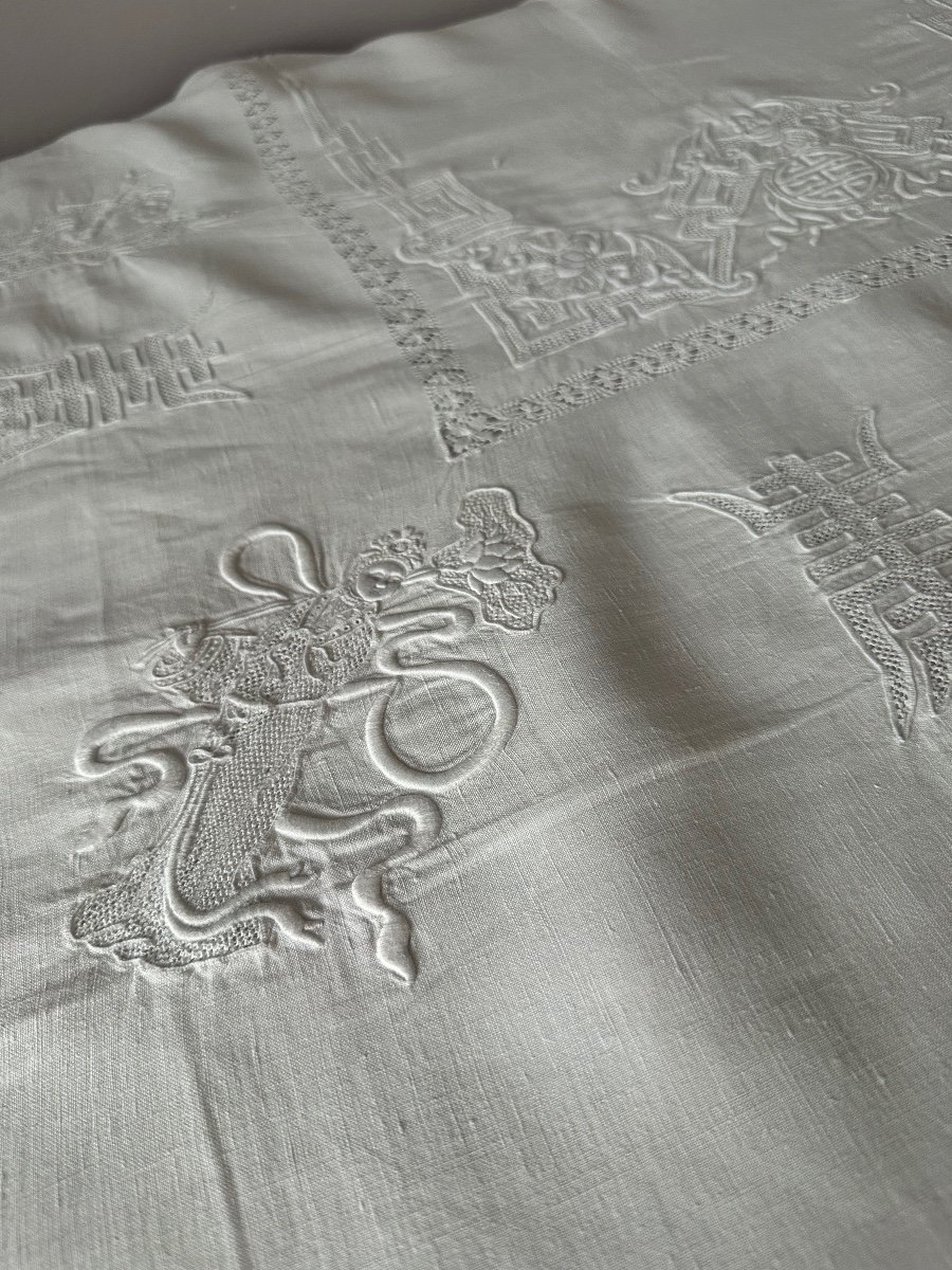 Tablecloth And 12 Napkins Table Service, Linen, Wedding, Character Embroidery, Old Asia Linen-photo-6