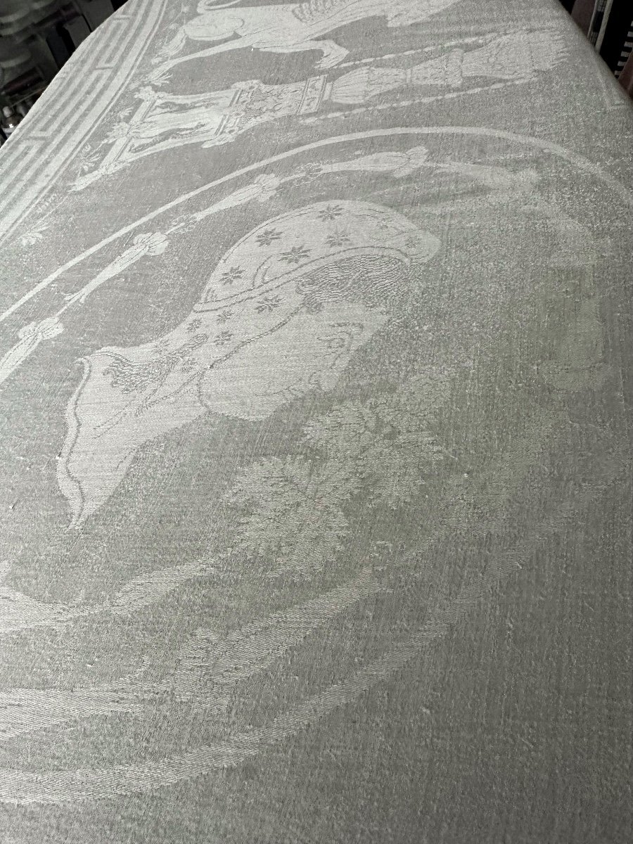 Immense Nappe Ancienne Réception Empire Soie Fil Lin 580x300 Damas  Portrait Femme Griffon Anim-photo-2