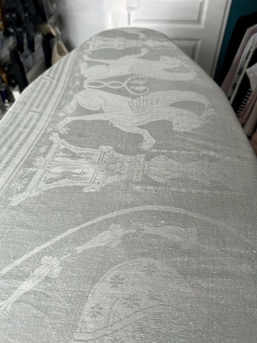 Immense Nappe Ancienne Réception Empire Soie Fil Lin 580x300 Damas  Portrait Femme Griffon Anim-photo-3