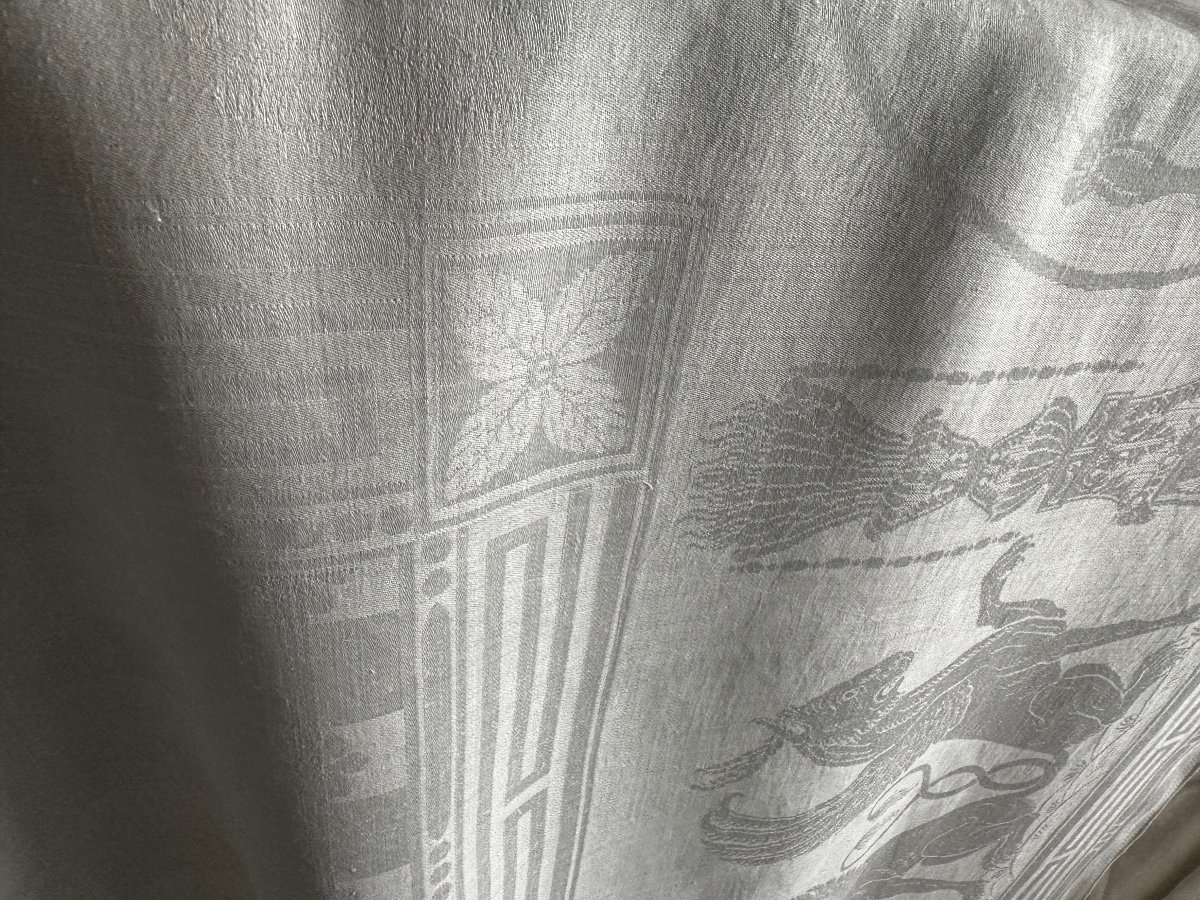 Immense Nappe Ancienne Réception Empire Soie Fil Lin 580x300 Damas  Portrait Femme Griffon Anim-photo-4