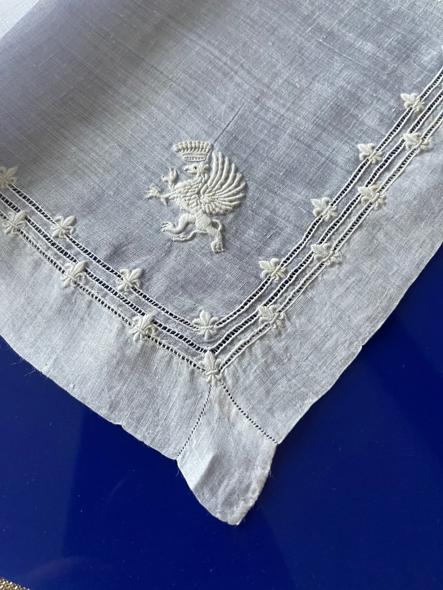 Old 19th Century Linon Handkerchief Griffon Embroidery Under Comtale Crown Lily Flowers