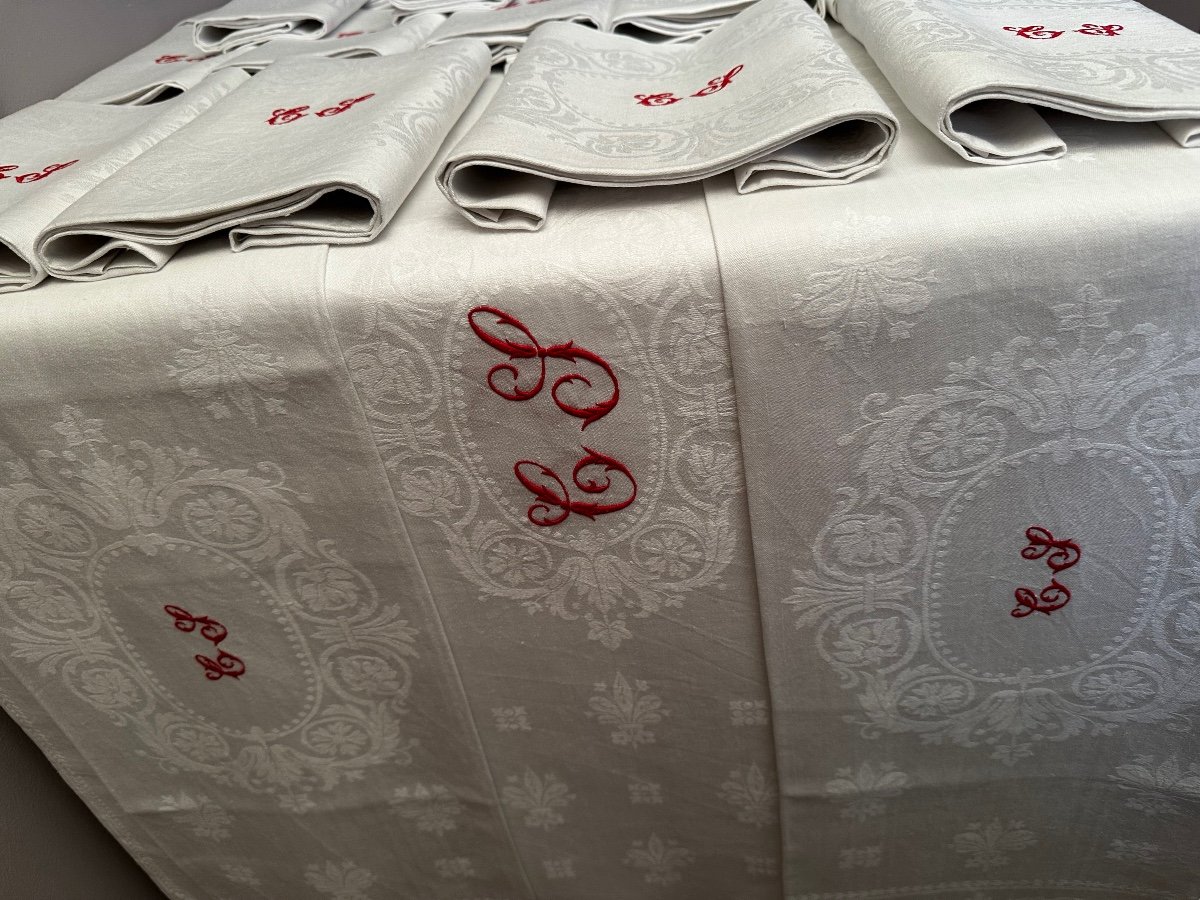 Old Reception Service Tablecloth 525x200 And 24 Napkins75x86 Red Monogram Cs XIXth-photo-1