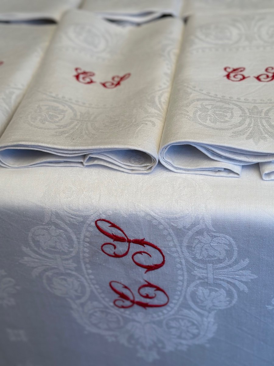 Old Reception Service Tablecloth 525x200 And 24 Napkins75x86 Red Monogram Cs XIXth-photo-3