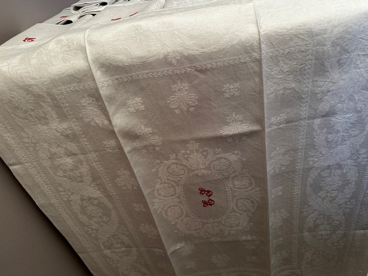 Old Reception Service Tablecloth 525x200 And 24 Napkins75x86 Red Monogram Cs XIXth-photo-4