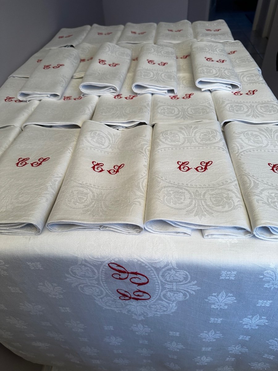 Old Reception Service Tablecloth 525x200 And 24 Napkins75x86 Red Monogram Cs XIXth-photo-6