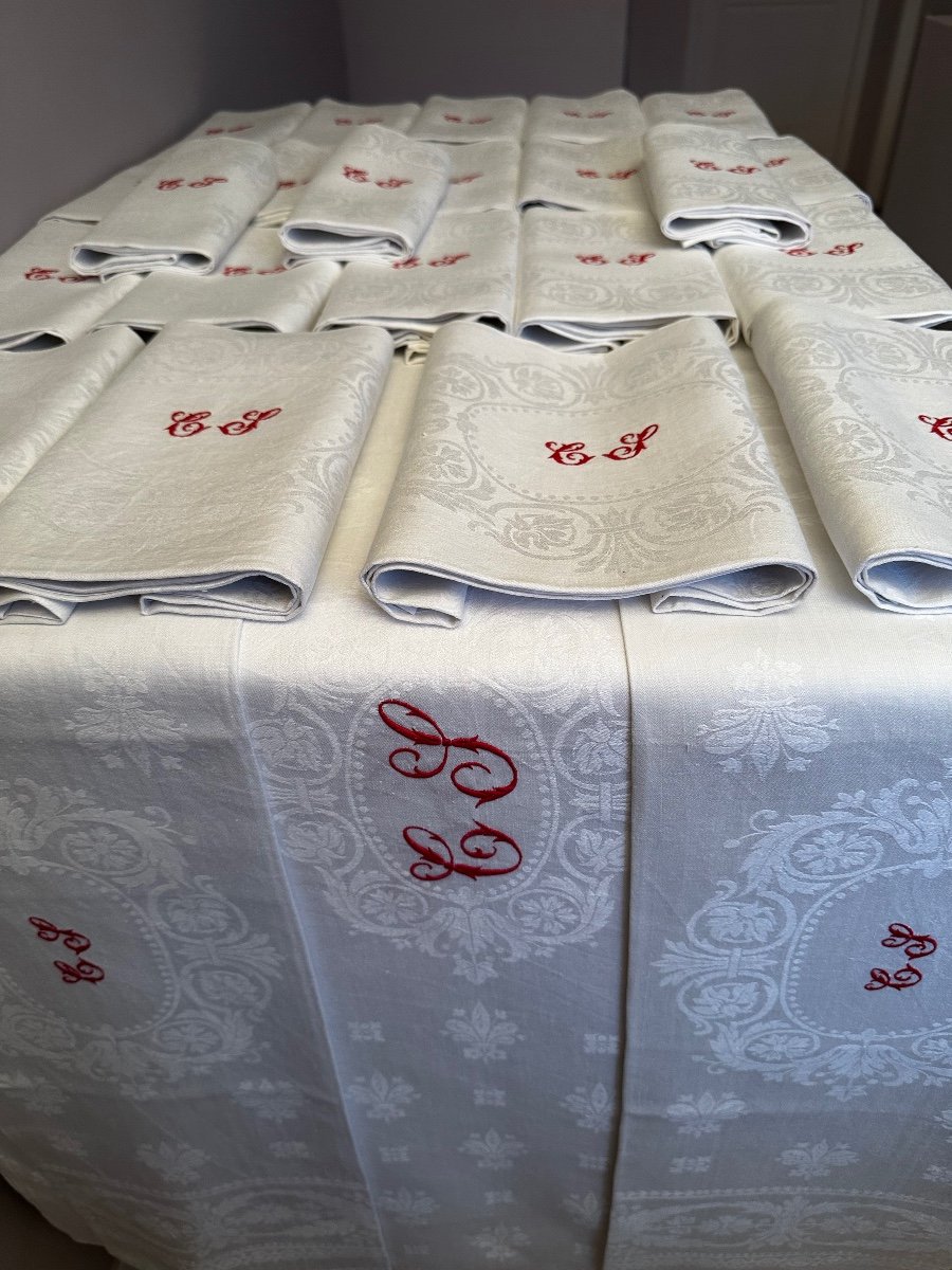 Old Reception Service Tablecloth 525x200 And 24 Napkins75x86 Red Monogram Cs XIXth