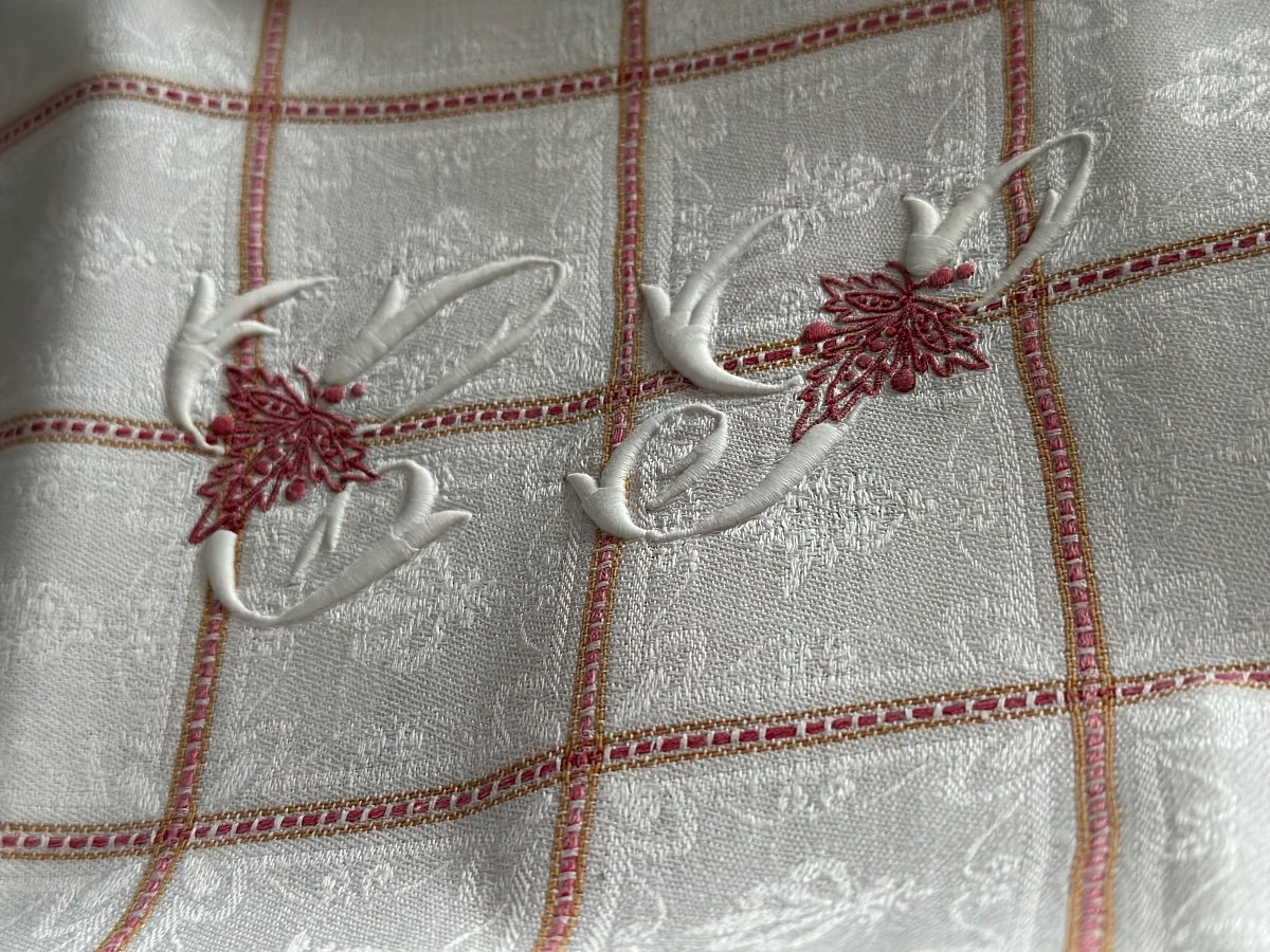 Old Tablecloth Service And 11 Napkins Linen Cotton Napoleon III Litaux Red Blue Gold Monogram Cs-photo-1
