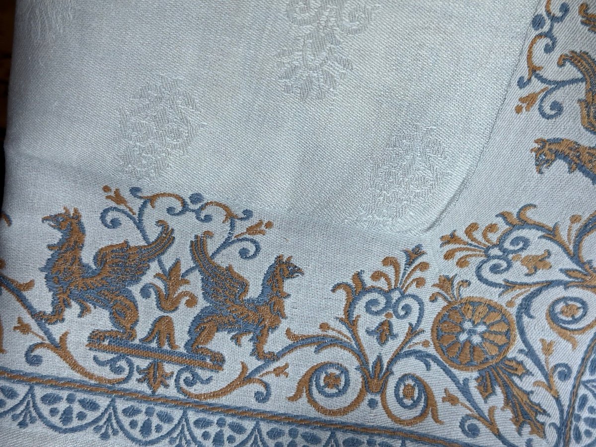 9 Serviettes Anciennes petite nappe Damassé Empire Motif Griffons Napoléon III Lin Soie 85x73-photo-2