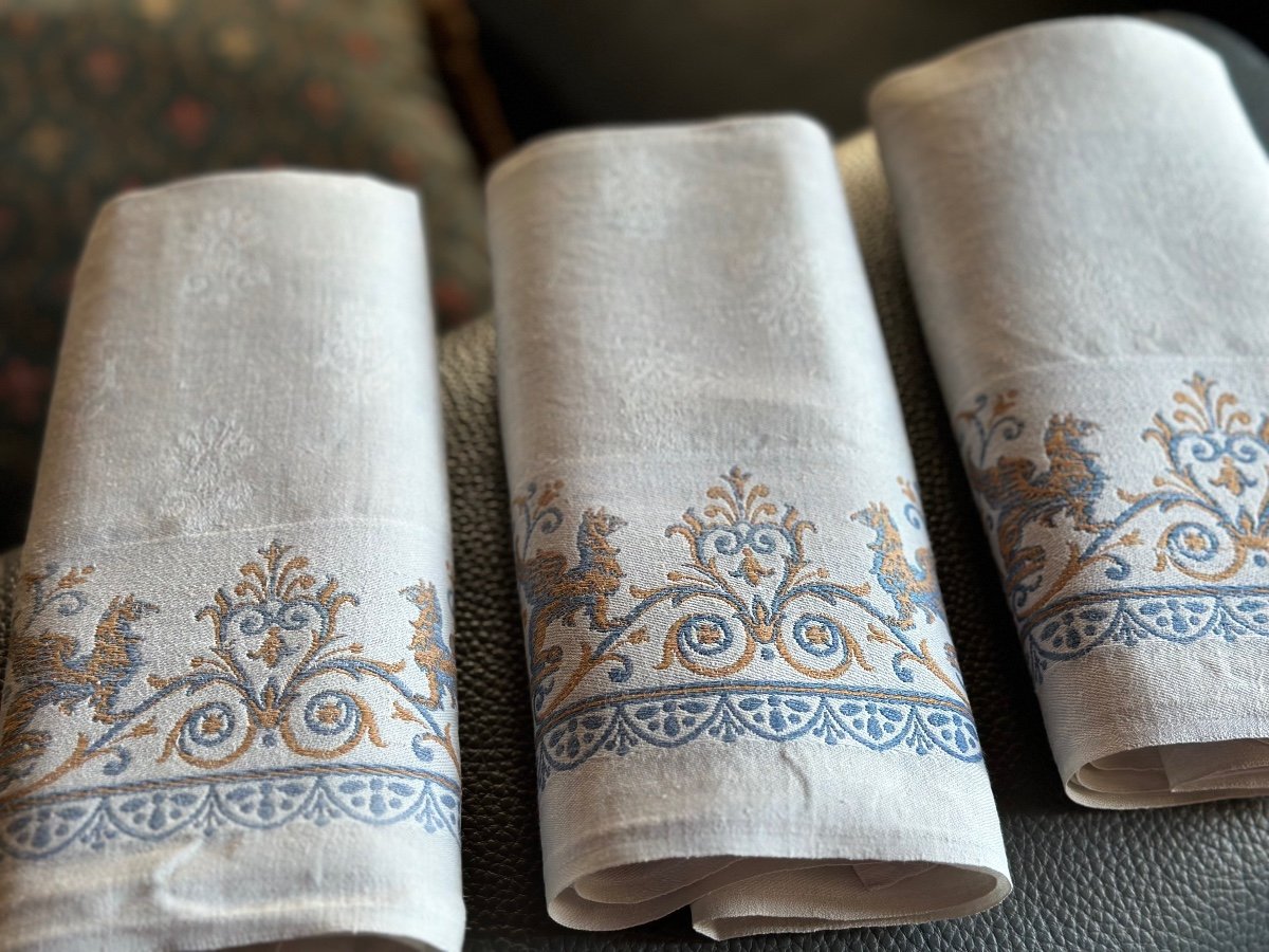 9 Serviettes Anciennes petite nappe Damassé Empire Motif Griffons Napoléon III Lin Soie 85x73-photo-3