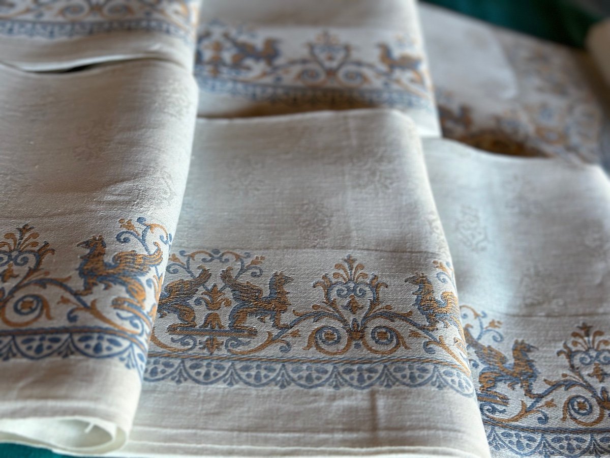 9 Serviettes Anciennes petite nappe Damassé Empire Motif Griffons Napoléon III Lin Soie 85x73-photo-2
