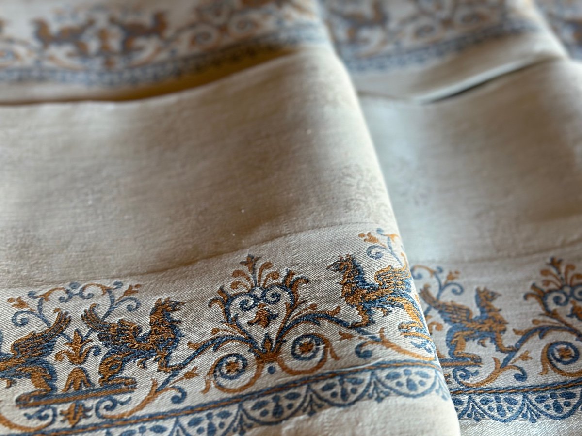 9 Serviettes Anciennes petite nappe Damassé Empire Motif Griffons Napoléon III Lin Soie 85x73-photo-3