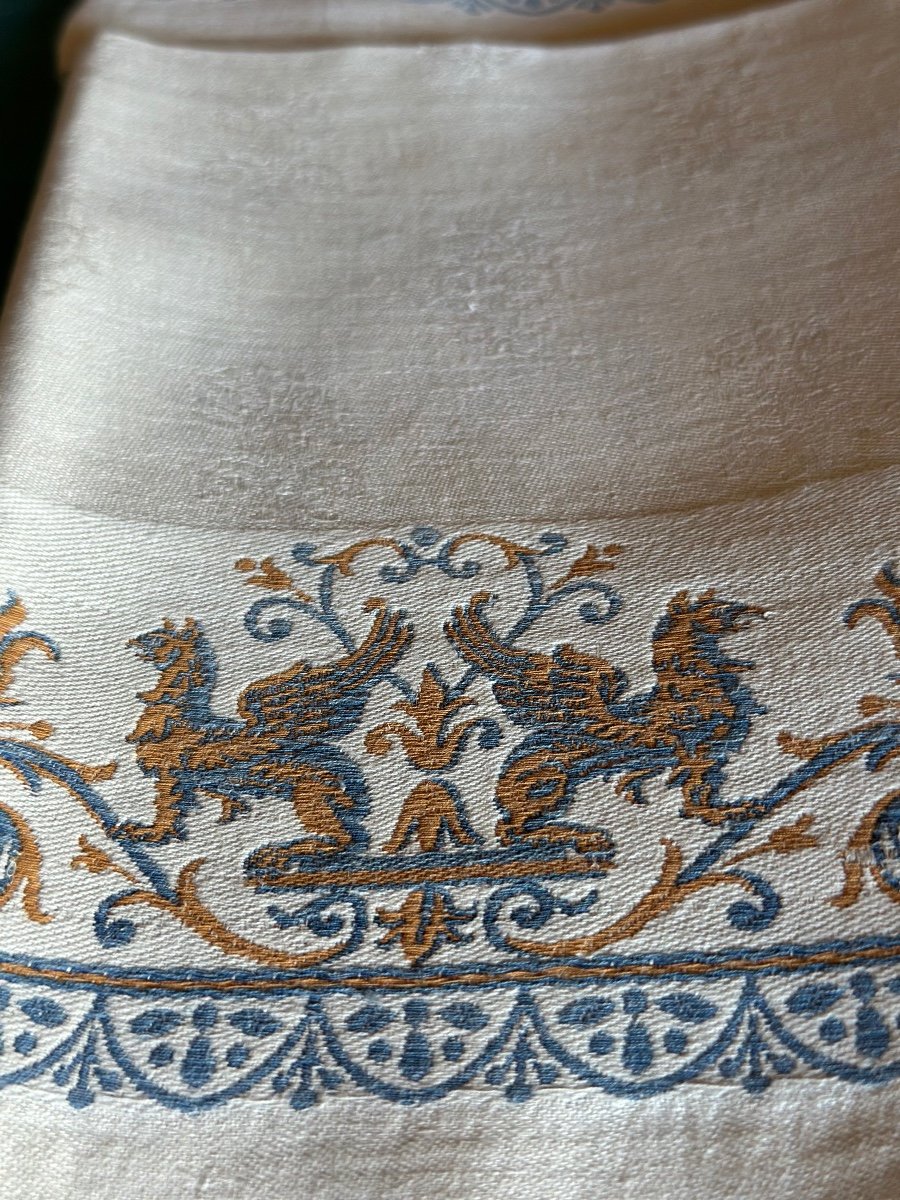 9 Serviettes Anciennes petite nappe Damassé Empire Motif Griffons Napoléon III Lin Soie 85x73-photo-4