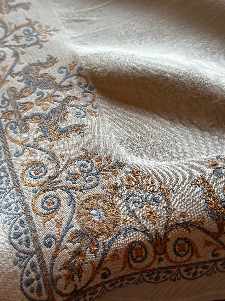 9 Serviettes Anciennes petite nappe Damassé Empire Motif Griffons Napoléon III Lin Soie 85x73-photo-6