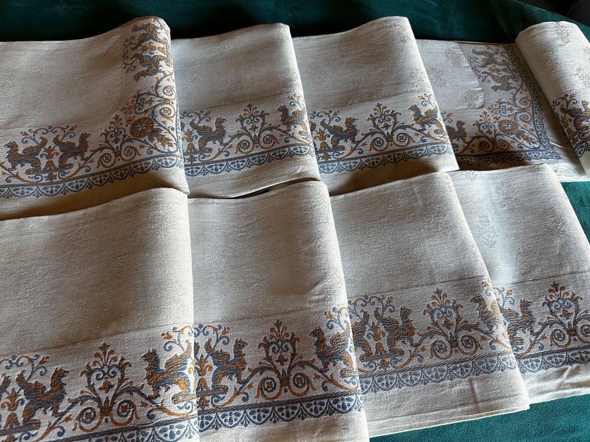 9 Serviettes Anciennes petite nappe Damassé Empire Motif Griffons Napoléon III Lin Soie 85x73