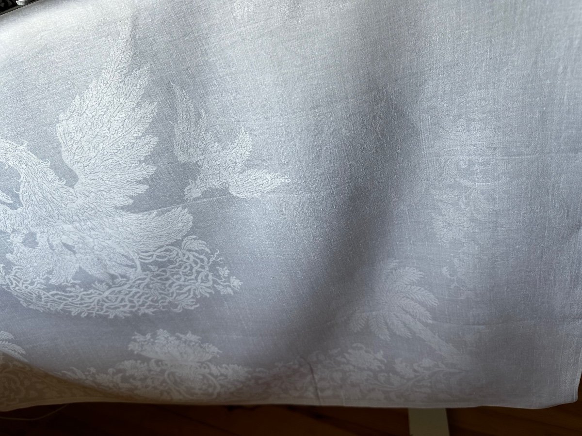 18serviettes Anciennes 107x84petites Nappes Damas Lin Soie Empire Phénix Nid Oiseau Vase XIXème-photo-4