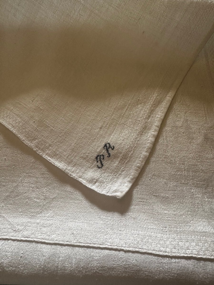 18serviettes Anciennes 107x84petites Nappes Damas Lin Soie Empire Phénix Nid Oiseau Vase XIXème-photo-1