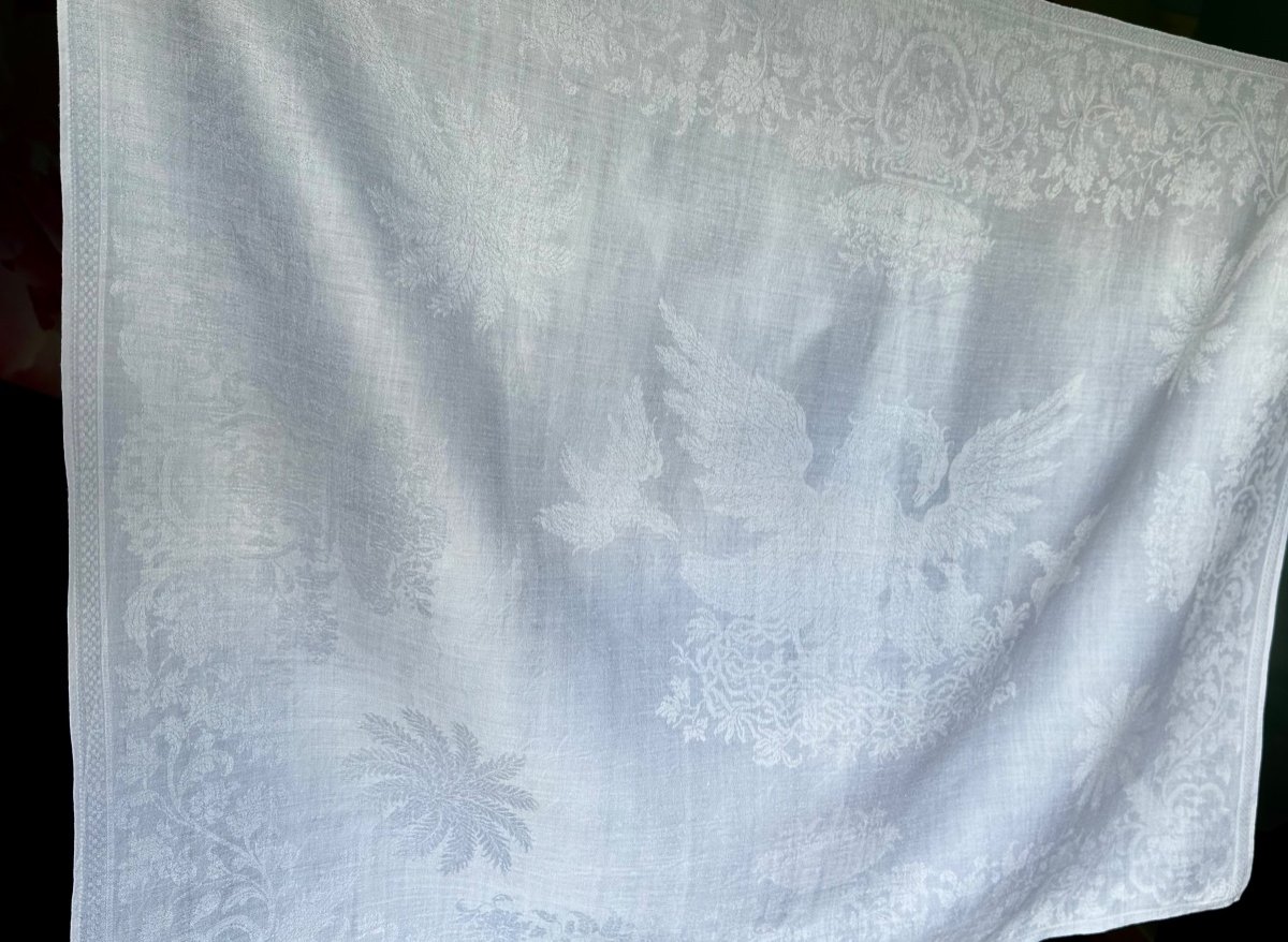 18serviettes Anciennes 107x84petites Nappes Damas Lin Soie Empire Phénix Nid Oiseau Vase XIXème-photo-6