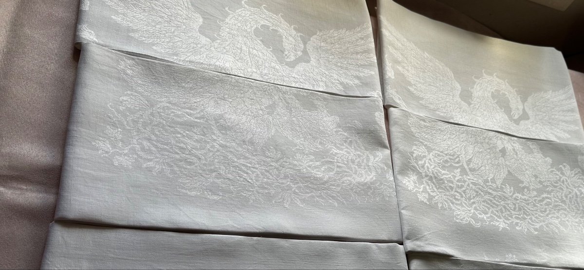 18serviettes Anciennes 107x84petites Nappes Damas Lin Soie Empire Phénix Nid Oiseau Vase XIXème-photo-7
